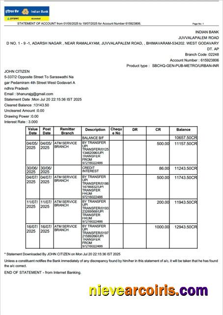 Indian Bank Allahabad statement of account Word and PDF, version 2